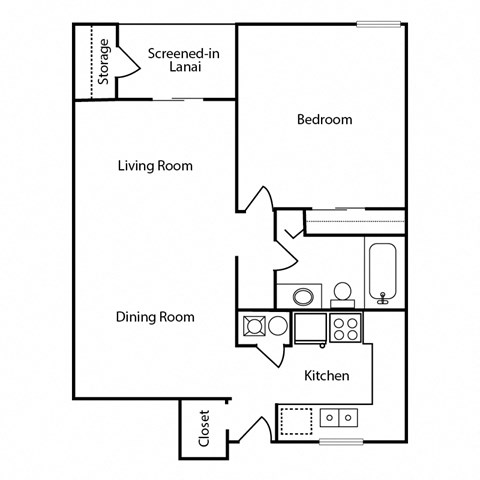 Islander Floor Plan 1 bedroom 1 bathroom 850 sq ft